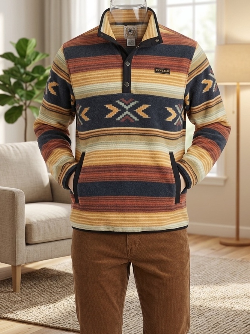 Cinch long sleeve 1/3 button cool pattern pullover fleece sweater men’s size S